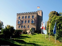 Wehende Fahnen vor Schloss Hambach.