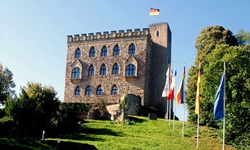 Wehende Fahnen vor Schloss Hambach.