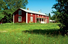 Ein schwedisches Holzhaus auf einer grünen Wiese, das rot-weiß angestrichen ist