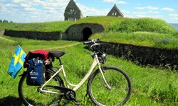 Ein Fahrrad mit Gepäcktasche und einer schwedischen Fahne steht inmitten einer grünen Wiese vor einer Burgruine mit markanten Treppengiebeln.