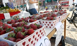 Ein Marktstand in Schweden mit Erdbeeren und Bananen