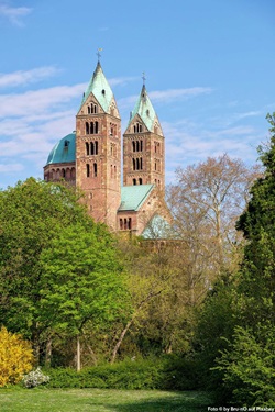 Die markanten Doppeltürme des Doms zu Speyer überragen die Bäume des Domgartens.