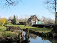 Blick auf eine der vielen Wasserstraßen der Spree, auf der Wiese sind zwei Holzboote abgestellt, dahinter sind zwei Häuser zu sehen