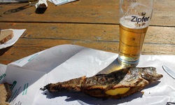 Ein zubereiteter Fisch mit Zitrone liegt auf einem Papier auf dem Tisch, rechts über dem Fisch steht ein angetrunkenes Bier