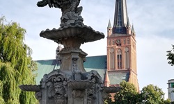 Der Rossmarktbrunnen mit seinem markanten Adler und die Jakobskathedrale in Stettin.