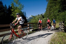 Vier Radfahrer sind vor einer malerischen Kulisse auf dem Tauern-Radweg unterwegs.