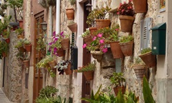 Mit Blumentöpfen geschmückte Hausfassaden in einem toskanischen Ort verströmen idyllisches Flair.
