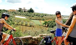 Drei Radlerinnen in der Toskana machen bei einem Steinmäuerchen Pause und genießen den Blick auf die umgebenden Weinberge.