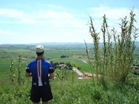 Ein Mann blickt über die hügelige und weitläufige Landschaft der Toskana