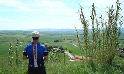 Ein Mann blickt über die hügelige und weitläufige Landschaft der Toskana