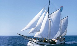 Ein dänischer Traditionssegler mit gespannten Segeln auf offener See