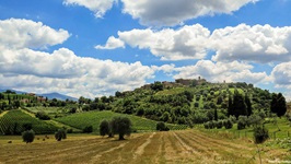 Wunderschöner Panoramablick über eine typisch toskanische Landschaft mit sanften Hügeln, Zypressen und Weinbergen.