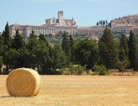 Ein Strohballen auf einem abgeernteten Kornfeld zu Füßen der Basilika des Heiligen Franziskus in Assisi.