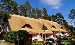 Blick auf Häuser mit Reetdächern auf Usedom