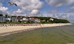 Eine Möwe schwebt über dem Strand des Seeheilbades Bansin auf Usedom.