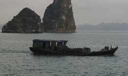 Ein Boot fährt in der Ha Long Bucht in Vietnam