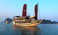 Verschiedene Dschunken im Meer von Vietnam