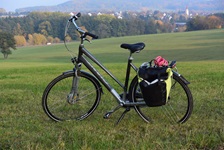 Ein abgestelltes Fahrrad steht auf einer Wiese