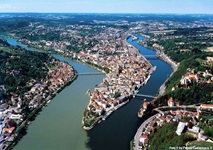 Blick von der Veste Oberhaus auf das bekannte Passauer Drei-Flüsse-Eck.