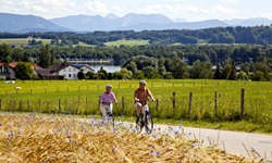 Zwei Radfahrer vor der wunderschönen Kulisse des von Bergen überragten Waginger Sees.
