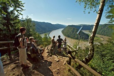Eine Reisegruppe schaut von einer Aussichtsplattform auf die Schlögener Schlinge.