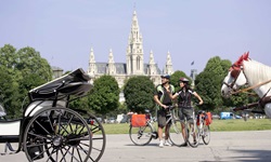 Ein Radlerpaar steht am Straßenrand in Wien und betrachten die berühmten Kutschen, auch Fiaker genannt, während man im Hintergrund das Wiener Rathaus gut erkennt
