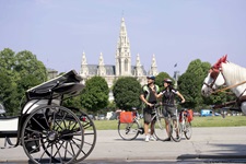 Zwei Radfahrer machen in Wien Pause und bewundern die rastenden Fiaker(pferde), im Hintergrund der Stefansdom.