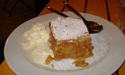 Ein Stück Wiener Apfelstrudel mit Sahne auf einem Teller.